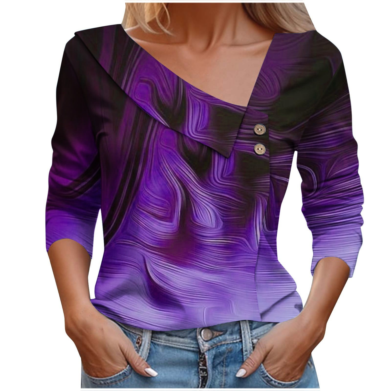 Purple Dressy Tops for Women Polyester Spring Clothes for Women 2024 Long Sleeve Popular Womens Clothes 2024 Womens Oversized Tee Shirts Floral Printed Androgynous Clothing Walmart