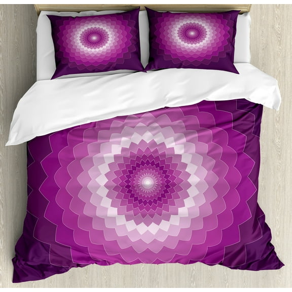 Purple Duvet Cover Set, Graphic Carnation Flower Optical Illusion Symmetric Vibrant Display, Decorative 3 Piece Bedding Set with 2 Pillow Shams, King Size, Purple Magenta White, by Ambesonne