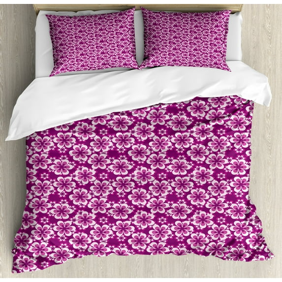 Purple Duvet Cover Set King Size, Abstract Petals of Blossoming Summer in Floral Bouquet Illustration Botanic, Decorative 3 Piece Bedding Set with 2 Pillow Shams, Fushcia Purple, by Ambesonne