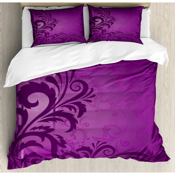 Purple Duvet Cover Set King Size, Spiral Floral Branch Leaves on the Vertical Border Retro Style Abstract Design, Decorative 3 Piece Bedding Set with 2 Pillow Shams, Purple Plum, by Ambesonne