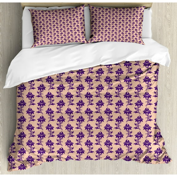 Purple Duvet Cover Set King Size, Victorian Influences on Purple Flower Arrangement Ancestral Blooming Nature Motifs, Decorative 3 Piece Bedding Set with 2 Pillow Shams, Beıge Plum, by Ambesonne