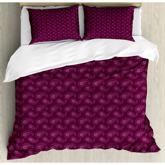 Purple Duvet Cover Set, Ornamental Curved Abstract Paisley Boteh Persian Cucumbers Teardrop Oriental Pattern, Decorative 3 Piece Bedding Set with 2 Pillow Shams, Queen Size, Plum Pink, by Ambesonne