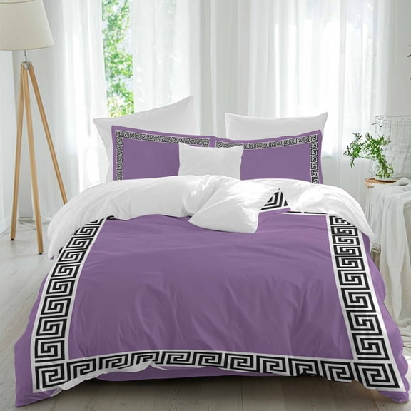Purple Duvet Cover Set Queen Size Greek Chinese Style Border Geometric Soft Lightweight Comforter Covers 4 Piece Bedding Set with 1 Duvet Cover 1 Bed Sheet & 2 Pillow Shams
