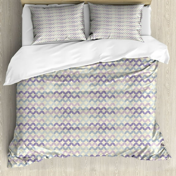 Purple Duvet Cover Set, Soft Pastel Colored Repeated Horizontal Retro Grungy Wavy Lines Illustration, Decorative 3 Piece Bedding Set with 2 Pillow Shams, King Size, Pale Mauve Lilac, by Ambesonne