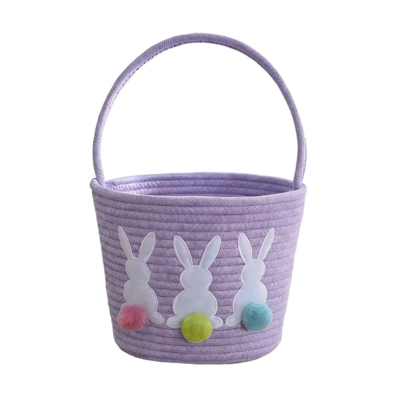 Purple Easter Basket With Bunny Woven Cotton Basket Cute Bunny Bucket With Handle For Easter Egg Party Decoration Supplies Size 7.87X7.87X7.87 Inches