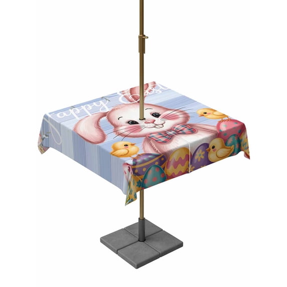 Purple Easter Bunny Outdoor Tablecloth - 60x60 Inch Square Dining Table Cover, Spring Easter Eggs Chicken Floral Wood Waterproof Outdoor Table Cloth with Umbrella Hole & Zipper for Picnic/Patio/Party