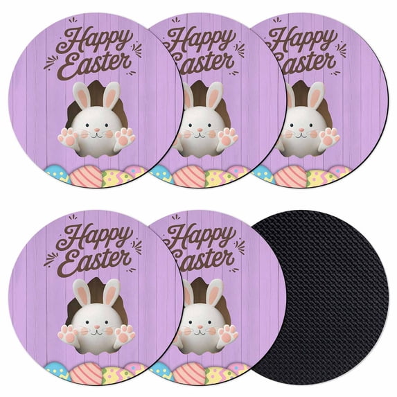 Purple Easter Coasters Set of 6, Absorbent Coasters for Drinks, Spring Cartoon Bunny Colorful Eggs Wood Grain Coaster for Desk Coffee Table Protection, Home Decor House Warming Gifts 4"