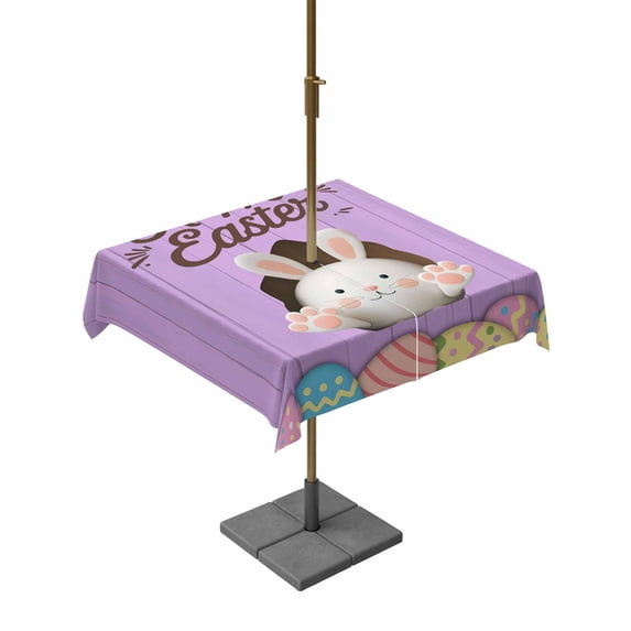 Purple Easter Outdoor Tablecloth - 54x54 Inch Square Dining Table Cover, Spring Cartoon Bunny Colorful Eggs Wood Grain Waterproof Outdoor Table Cloth with Umbrella Hole & Zipper for Picnic/Patio