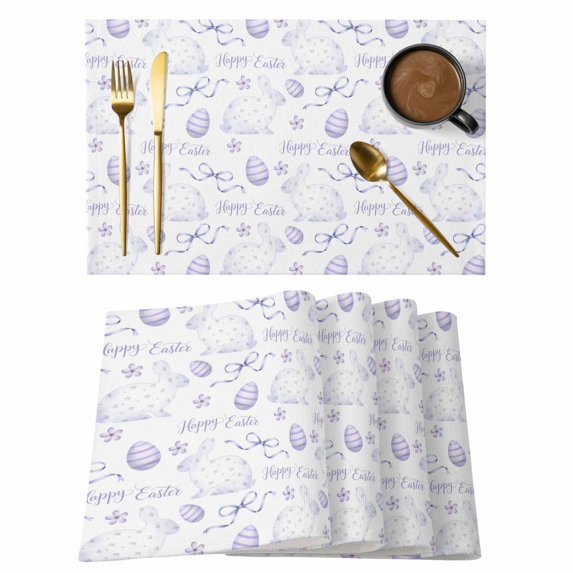 Purple Easter Placemats Set of 6, Watercolor Spring Bunny Eggs Flower Placemats for Dining Table, Place Mats for Kitchen Tabletop, Waterproof Wipeable Dining Table Mats Set