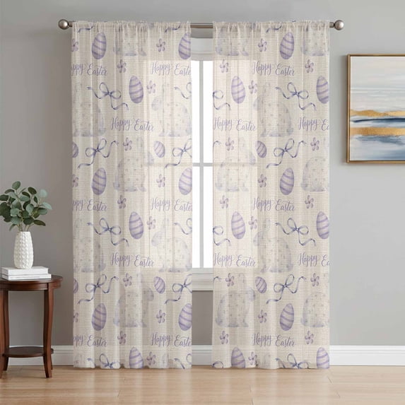 Purple Easter Sheer Curtains 72 Inch Length 2 Panels Set Window Treatments, Spring Vintage Bunny Eggs on Linen Rod Pocket Semi Curtains for Living Room/Bedroom/Kitchen Décor, 104"W x 72"L