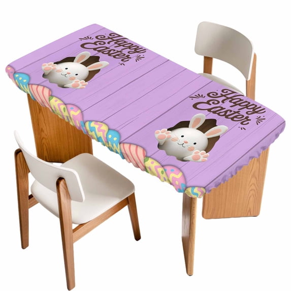 Purple Easter Table Cloths for 6 Foot Rectangle Tables, Spring Cartoon Bunny Colorful Eggs Wood Grain Patio Waterproof Elastic Fitted Tablecloths, Washable Rectangular Table Cover for Camping