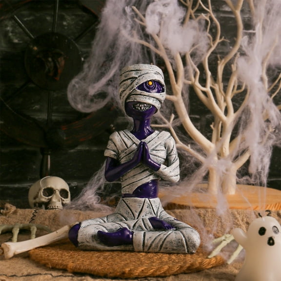 Purple Egyptian Mummy Statue - 6" Resin Halloween Decor with Meditation Pose, Ancient Civilization Collectible for Home Shelf & Gothic Display