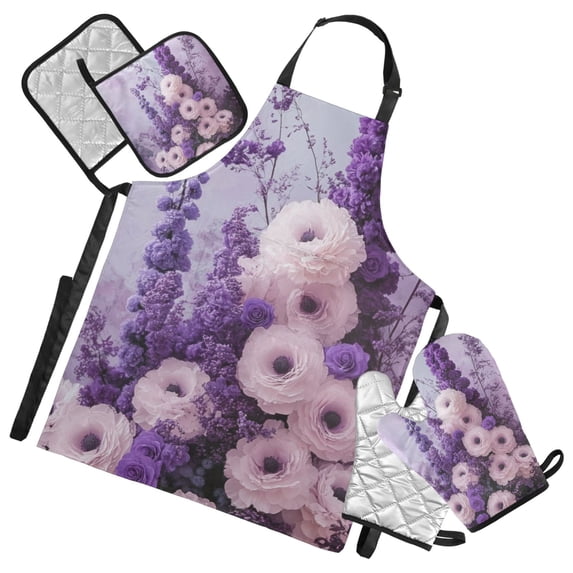 Purple Elegant Flowers Oven Mitts and Pot Holders with Chef Apron Set 5 Pcs Kitchen Cooking Set