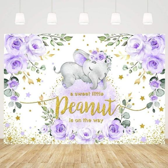 Purple Elephant Baby Shower Backdrop for Boys Girls Neutral A Little Peanut is On The Way Floral Cake Table Decoration Banner Welcome Newborn Party Photography Background