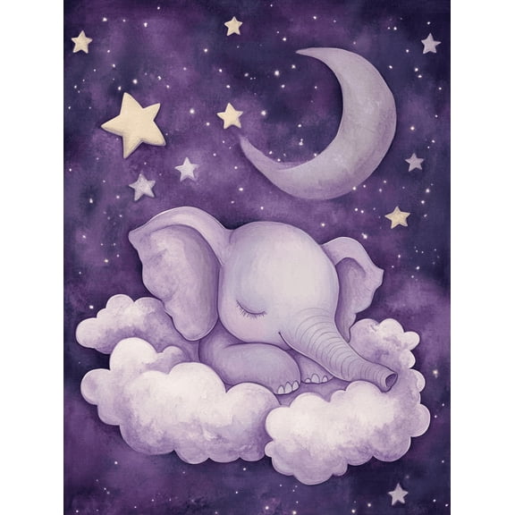Purple Elephant Sleeping on Cloud Canvas Print/Wall Art Suitable for Bedroom Nursery Living Room Bathroom and Office Decoration.