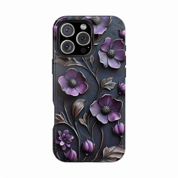 Purple Embossed Floral Leather UV Print Pattern Flower Artwork Phone Case for 11 12 13 14 15 16 17 Pro Max