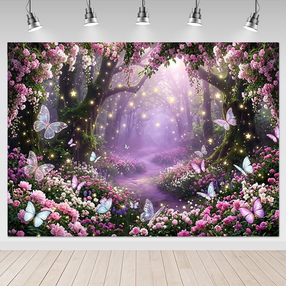 Purple Enchanted Forest Backdrop Fairy Tale Forest Butterfly Birthday Background Magic Tree Princess Birthday Party Decorations Banner Photo Booth Props