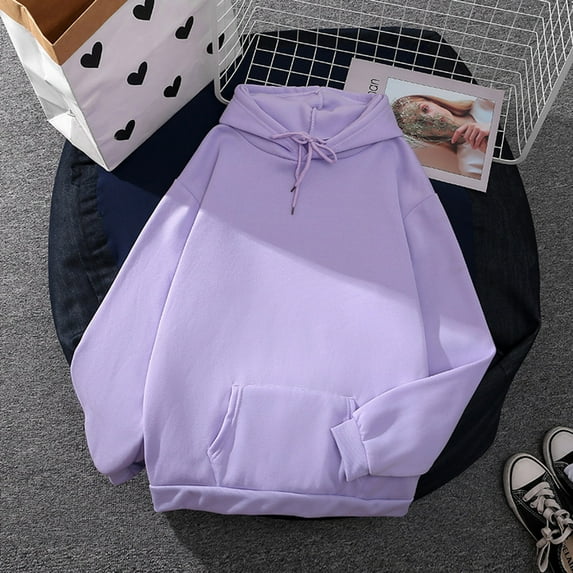 Purple Essentials Hoodie, Polyester Hoodies for Women, Women's Casual Solid Top Long Sleeve Loose Hooded Sweatshirt Top with Pocket XL