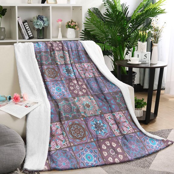 Purple Ethnic Geometric Patchwork Pattern Blanket,Comfortable Soft Flannel Throw Blanket,All Season,Warm Lightweight Blankets for Sofa Bed Couch Living Room Chair,60"x80"