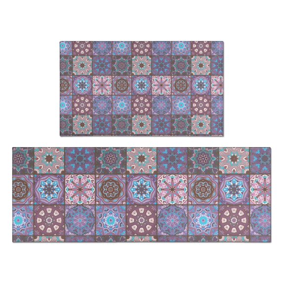 Purple Ethnic Geometric Patchwork Pattern Kitchen Rugs Sets Of 2,Anti Fatigue Kitchen Mat Rugs Non Slip Washable,Decorative Kitchen Floor Mats for Kitchen,Sink,Laundry,17"x30"+17"x47"