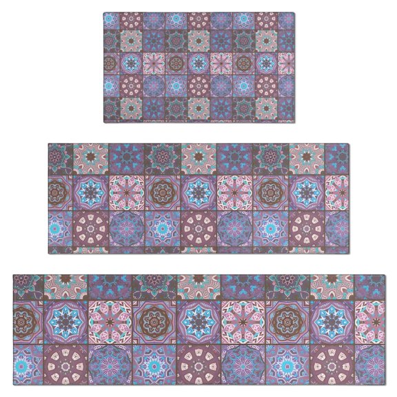 Purple Ethnic Geometric Patchwork Pattern Kitchen Rugs Sets Of 3,Kitchen Runner Rugs Non Skid Washable,Decorative Kitchen Floor Mats for Kitchen,Sink,Laundry,17"x30"+ 17"x47" + 17"x59"