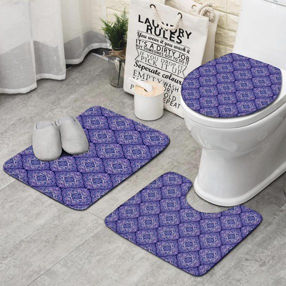 Purple Ethnic Geometric Pattern Bathroom Rugs Sets 3 Piece,Toilet Cover Set,Absorbent Non Slip Bathroom Mats Sets with U-Shaped Contour Rug Toilet Rug Set