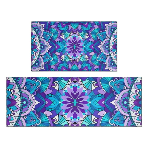 Purple Ethnic Mandala Pattern Kitchen Rugs Sets Of 2,Anti Fatigue Kitchen Mat Rugs Non Slip Washable,Decorative Kitchen Floor Mats for Kitchen,Sink,Laundry,17"x30"+17"x47"