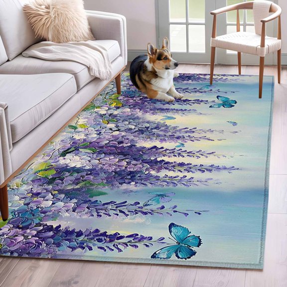 Purple Eucalyptus Area Rug 4x6 Washable Rug Non Slip Oil Painting Spring Botanical Large Area Rug Indoor Floor Carpet for Entryway Bedroom Kitchen Living Room Home Office Dining Room Nursery