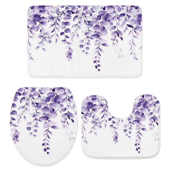 Purple Eucalyptus Bath Mat 3 Piece Bathroom Rug Set, Botanical Plant Rustic Branch Floral Non Slip Bath Rug Contour Mat and Toilet Lid Cover, Absorbent Shower Mats Soft Bath Rugs and Mats Sets