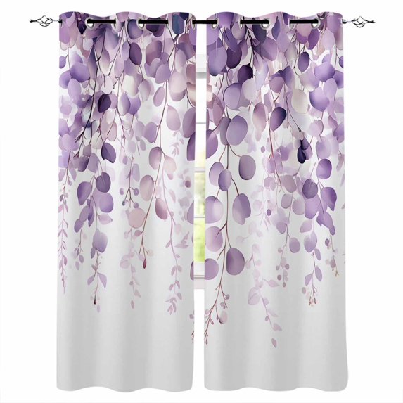 Purple Eucalyptus Blackout Curtains 72 Inches Long for Bedroom, Spring Botanical Plant Aesthetic Thermal Insulated Room Darkening Black Out Window Curtain Panels Grommet Drapes for Living Room