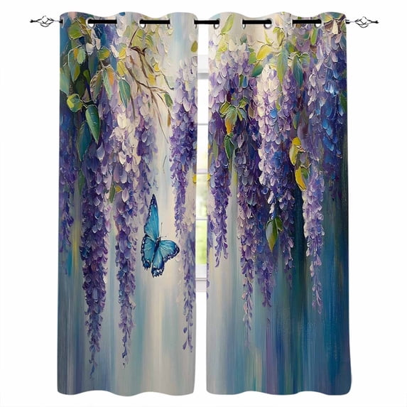 Purple Eucalyptus Blackout Curtains for Bedroom Living Room Darkening Curtains 54 Inch Long Oil Painting Botanical Blue Ombre Short Curtain for Small Window Treatment Grommet Drapes 42"x54"x2