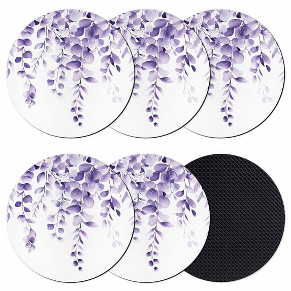 Purple Eucalyptus Coasters Set of 6, Botanical Plant Rustic Branch Floral Absorbent Coasters for Drinks, Coaster for Bar Office Dining Coffee Table Accessories Decor, Non Slip Round Desk Coaster