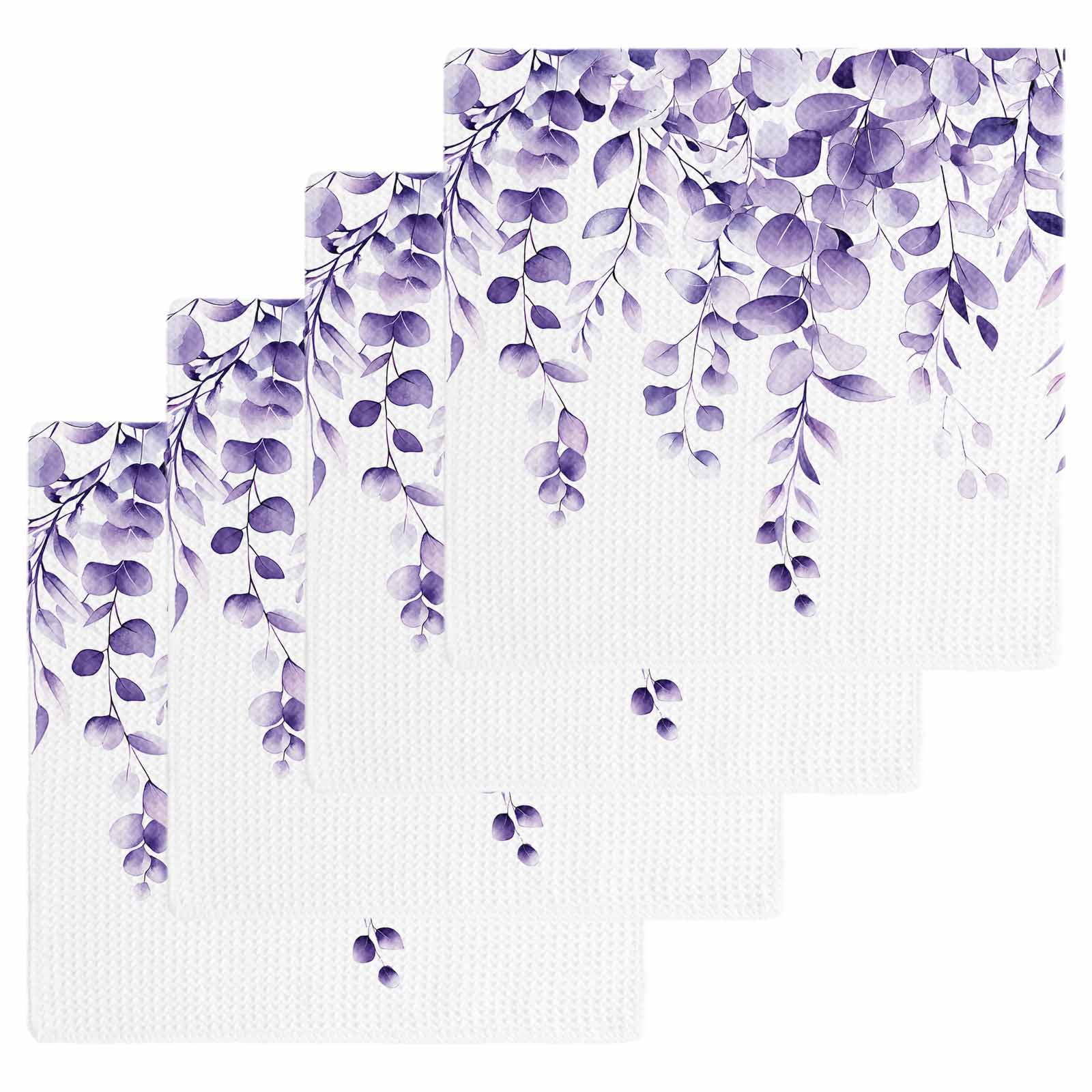 Purple Eucalyptus Dish Towels Set, Waffle Weave Kitchen Towels 4 Pieces, Botanical Plant Rustic Branch Floral Microfiber Hair Face Bath Tea Towel Absorbent Quick Drying Cleaning Dish Cloths 12"x12"