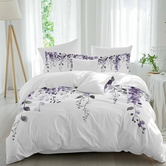 Purple Eucalyptus Duvet Cover Set Full Size, Leaves Watercolor Plants Farmhouse 4 Piece Soft Microfiber Bedding Set with 1 Duvet Cover, 1 Flat Sheet, 2 Pillowcases