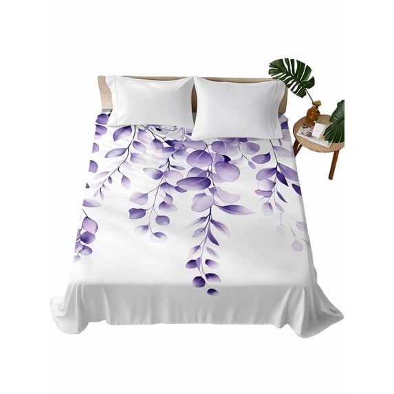Purple Eucalyptus Flat Sheets Only King Size, Soft Breathable Bed Top Sheets for Mattress, Botanical Plant Rustic Branch Floral Luxury Bedding Flat Sheets for Home Hotel Bedroom Bed Protection