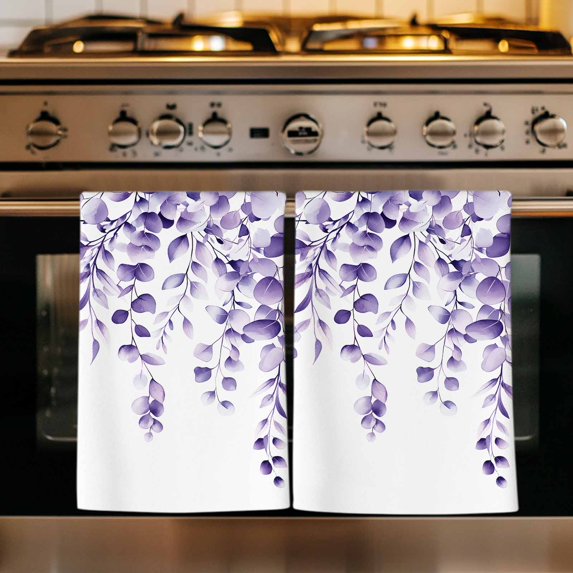 Purple Eucalyptus Kitchen Towels Set of 3, Botanical Plant Rustic Branch Floral Absorbent Dish Towels for Kitchen, Microfiber Hand Towel, Quick Drying Tea Towel for Cleaning Decorative Dishcloths
