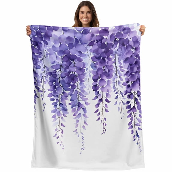 Purple Eucalyptus Leaf Blanket Soft Cozy Warm Throw Blanket for Couch, Plush Fuzzy Flannel Fleece Blankets for Sofa, Spring Botanical Watercolor Bed Blankets Lightweight Gifts for Women, 50"x80"
