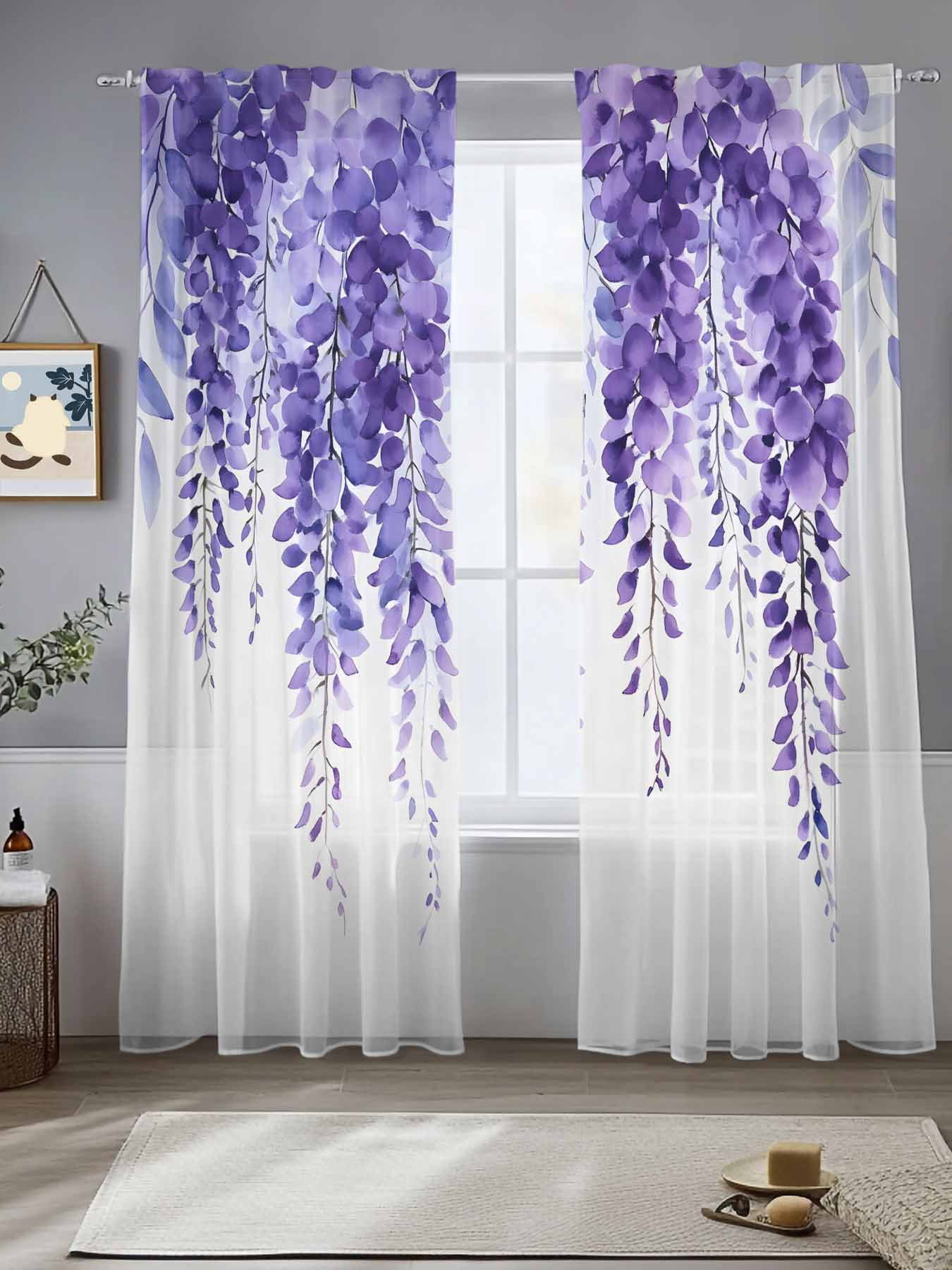 Purple Eucalyptus Leaf Sheer Curtains for Living Room Bedroom Spring ...