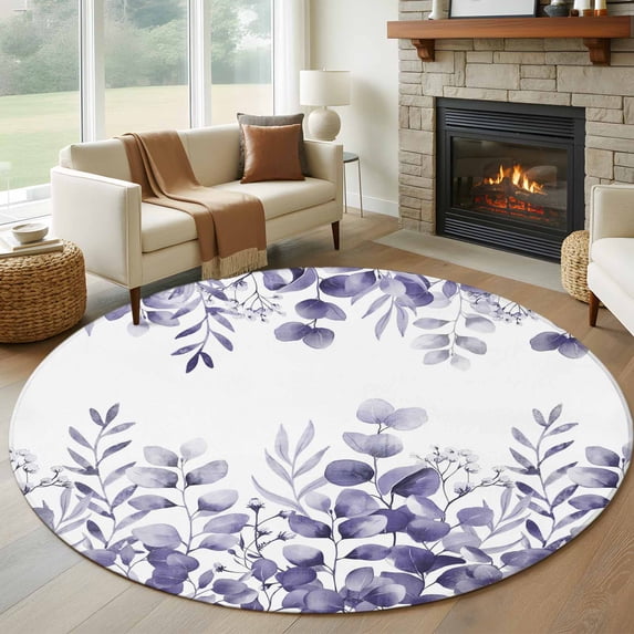 Purple Eucalyptus Leaves 8' Round Area Rug, Watercolor Spring Summer Botanical Washable Non-Slip Large Circle Rugs for Living Room Bedroom, Soft Low Pile Rug Carpet for Dining Room Kitchen Farmhouse