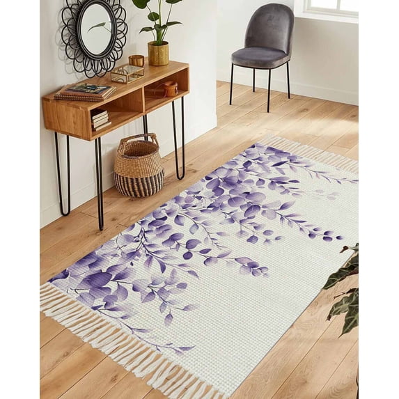 Purple Eucalyptus Leaves Area Rug 3x5ft Woven Runner Rug,Watercolor Spring Botanical Washable Living Room Hallway Bedroom Kitchen Carpet with Tassels,Indoor Outdoor Throw Door Mat for Entryway