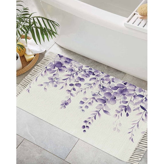 Purple Eucalyptus Leaves Bath Rug 2x3ft Woven Bathroom Entryway Runner Rug,Watercolor Spring Botanical Washable Living Room Hallway Bedroom Kitchen Carpet with Tassels,Indoor Outdoor Throw Doormat