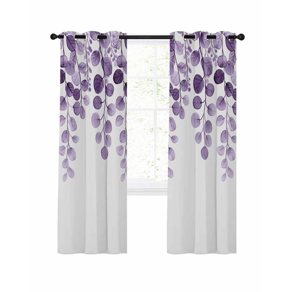Purple Eucalyptus Leaves Blackout Curtains 54 Inches Long for Bedroom, Watercolor Floral Leaf Plants Thermal Insulated Room Darkening Black Out Window Curtain Panels Grommet Drapes for Living Room