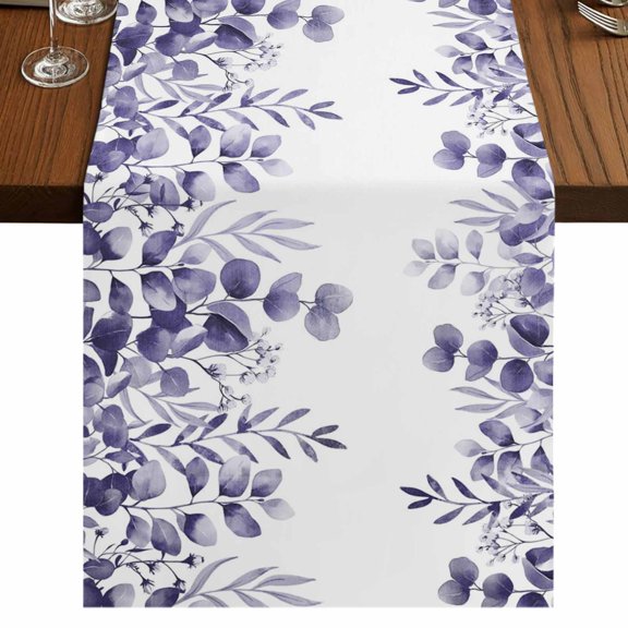 Purple Eucalyptus Leaves Burlap Cotton Table Runner 13x72 Inches Long, Watercolor Spring Summer Botanical Farmhouse Table Runners, Outdoor Dining Tablecloths Decor for Baby Shower/Party/Wedding