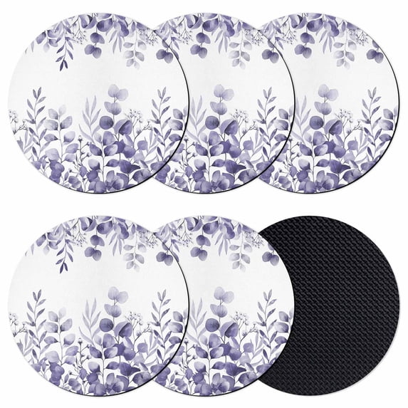 Purple Eucalyptus Leaves Coasters Set of 6, Absorbent Coasters for Drinks, Watercolor Spring Summer Botanical Coaster for Desk Coffee Table Protection, Home Decor House Warming Gifts 4"