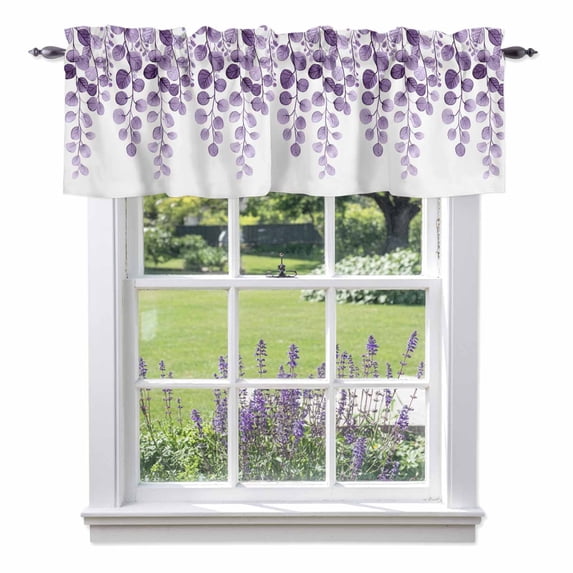 Purple Eucalyptus Leaves Kitchen Curtain Valances for Windows Farmhouse Short Curtains, Watercolor Floral Leaf Plants Rod Pocket Valance Curtain for Bedroom Cafe Living Room 60"x18"
