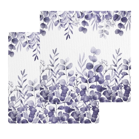 Purple Eucalyptus Leaves Kitchen Dish Towels for Drying Dishes Set of 2, Watercolor Spring Summer Botanical Waffle Weave Microfiber Hand Tea Bathroom Towels Quick Dry & Absorbent Towel 12x12