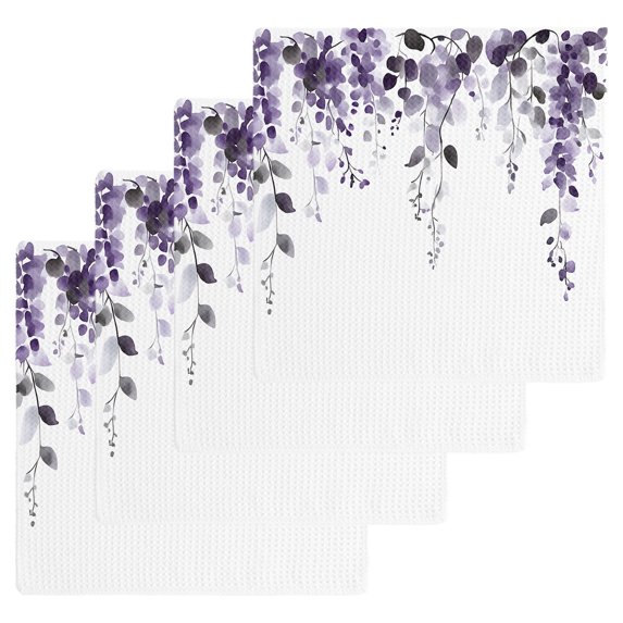 Purple Eucalyptus Leaves Kitchen Dish Towels for Drying Dishes Set of 4, Summer Watercolor Leaf Waffle Weave Microfiber Hand Tea Bathroom Towels Quick Dry & Absorbent Towel 12x12