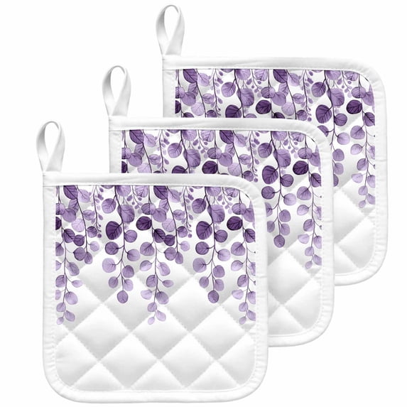 Purple Eucalyptus Leaves Pot Holders for Kitchen Heatproof Potholder, 3 Pack Watercolor Floral Leaf Plants Hot Pads Multipurpose Oven Pads Cloth Potholders Trivet for Cooking Baking