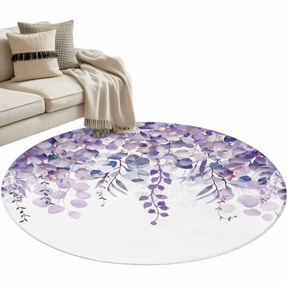 Purple Eucalyptus Leaves Round Area Rug 4 FT, Non Slip Indoor Outdoor Rug, Spring Floral Summer Botanical Washable Soft Circular Carpet Non-Shedding Floor Mat for Coffee Table Nursery Foyer Balcony