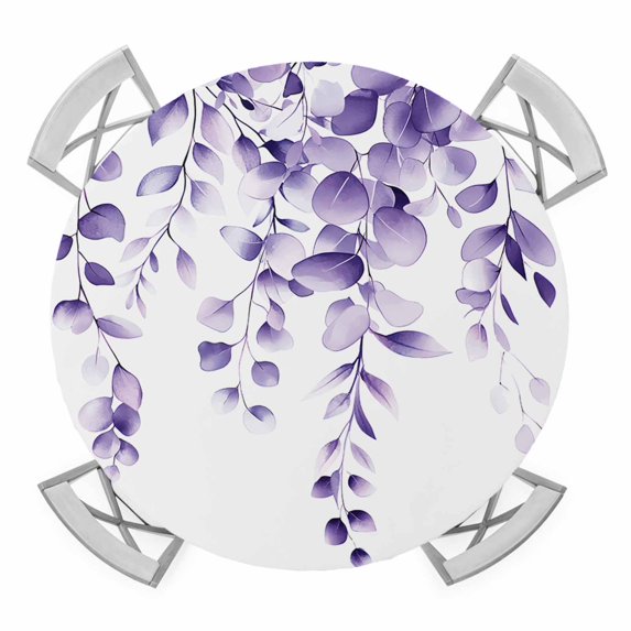 Purple Eucalyptus Leaves Round Fitted Tablecloth with Elastic Edge, Waterproof Table Cloth Table Cover for 45"-54" Tables, Spring Rustic Botanical Tablecloths for Dining Picnic Indoor Outdoor